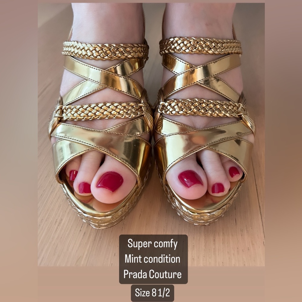 Prada Gold Metallic Woven all leather Platform Sandals 38 1/2 (Mint Condition) - Picture 10 of 15
